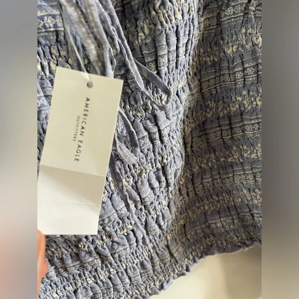 NWT American Eagle Square WomenNeck Floral Blue Crop Top Puff LongSleeves Size L